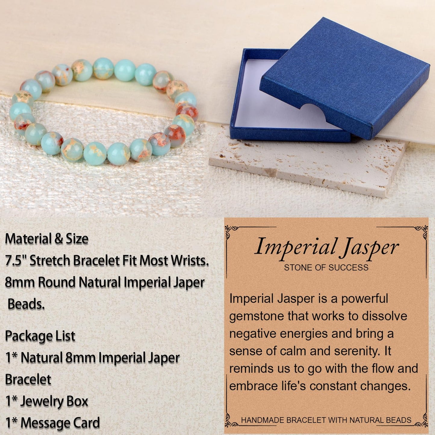 LPBeads Handmade Natural Gemstone Stretch Elastic 8mm Imperial Jasper Bracelet Healing Crystal Round Stone Beads Jewelry Gifts for Women Men
