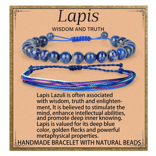LPBeads 8mm Blue Lapis Bracelet with Handmade Rope Bracelet Size Adjustable Natural Stone Crystal Healing Bracelets Gifts for Unisex Adults