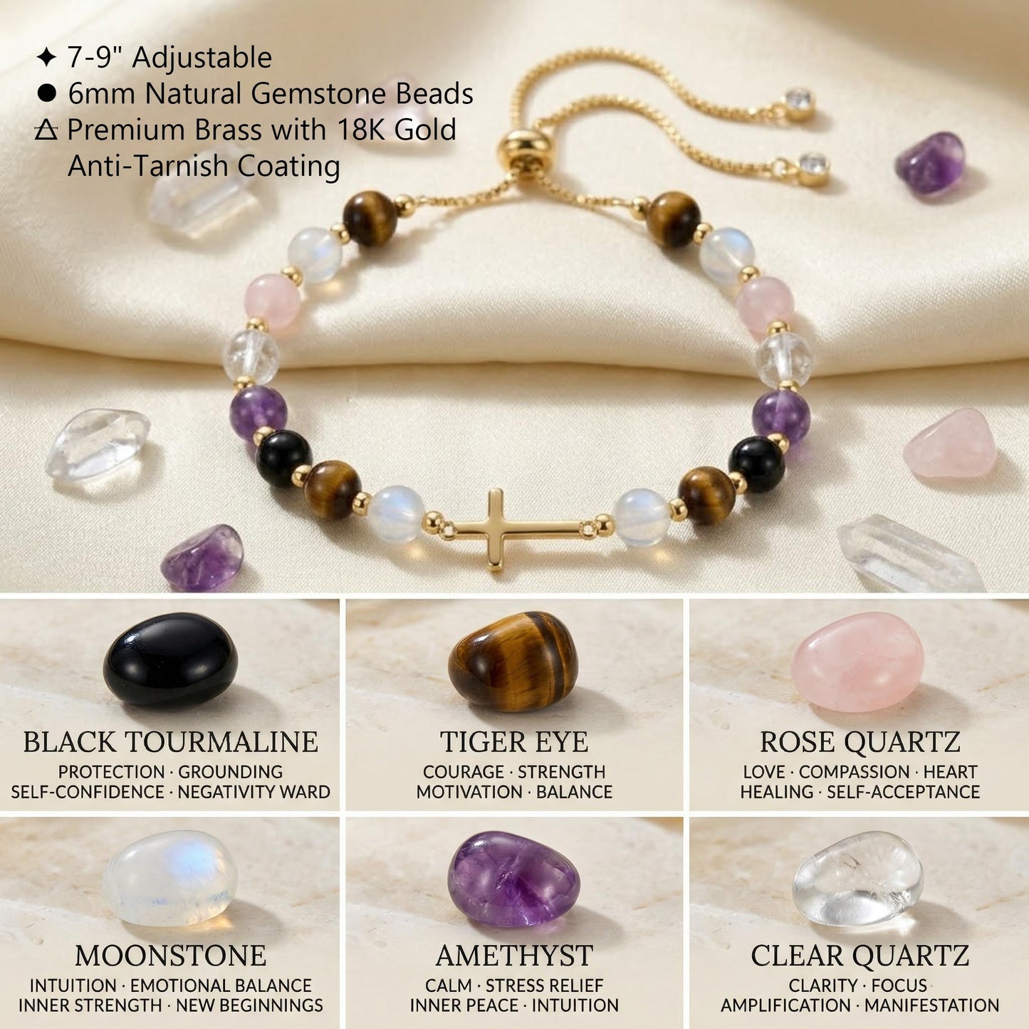 Aghfacy Encouragement Gifts for Women Cross Bracelet Natural Gemstone Crystal Bracelet Gold Cross Charm Christian Encouragement Gift Inspirational Gifts for Women Adjustable with Message Card