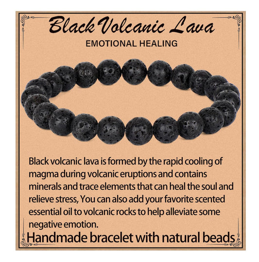 LPBeads Handmade Natural Gemstone Stretch Elastic 8mm Black Lava Bracelet Healing Crystal Round Stone Beads Jewelry Gifts for Women Men
