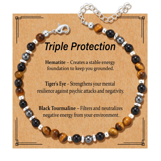 Kenailw Triple Protection Bracelet for Women Gifts, Crystal Hematite Black Tourmaline Tigers Eye Beaded Healing Obsidian Guardian Piedra Turmalina Negra Natural Stones Jewelry