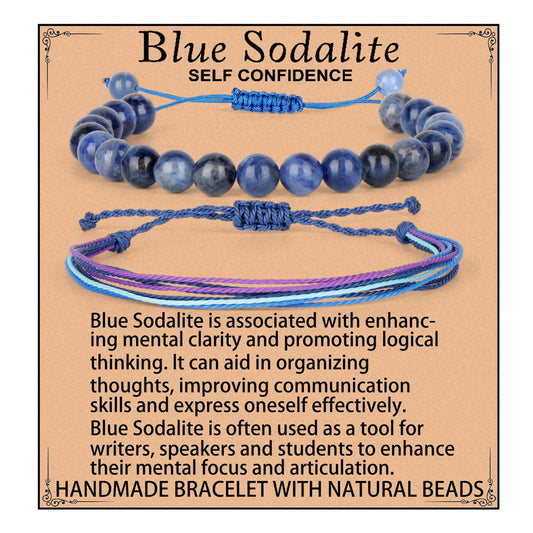 LPBeads 8mm Blue Sodalite Bracelet with Handmade Rope Bracelet Size Adjustable Natural Stone Crystal Healing Bracelets Gifts for Unisex Adults