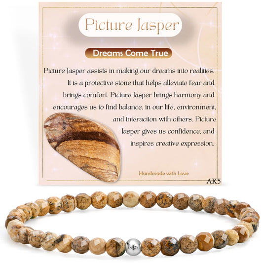 Farfume Picture Jasper - Dreams Come True - Beaded Bracelets for Women,Handmade Natural Stone 4mm Beads 925 Sterling Silver Stretch Bracelets, Chakra Crystal Gemstone Jewelry Gifts for Mom