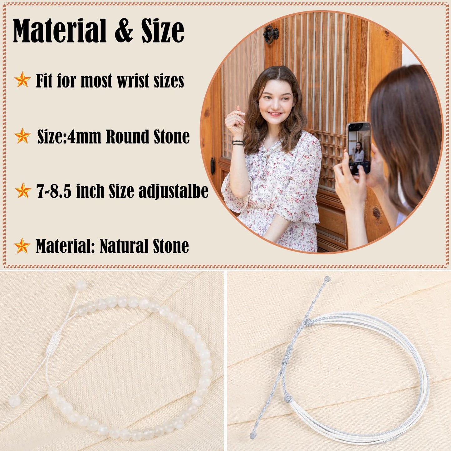 LPBeads 4mm White MoonStone Bracelet with Handmade Rope Bracelet Size Adjustable Natural Stone Crystal Healing Bracelets Gifts for Unisex Adults