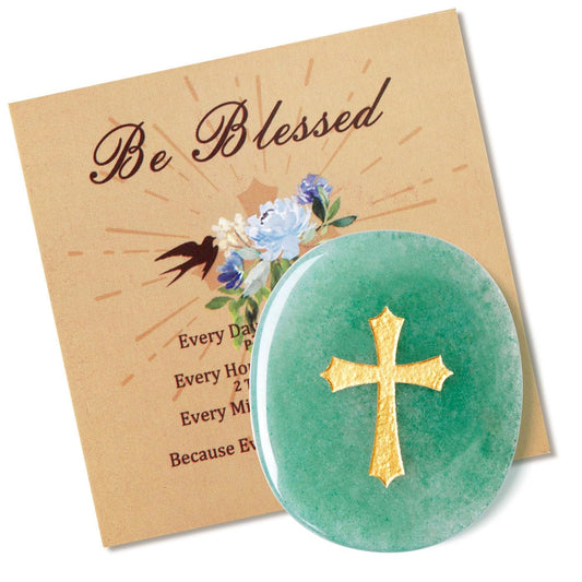 LAIDANLA Green Aventurine Cross Engraved Healing Crystal Worry Stones for Pray Faith Anxiety Relief Oval Palm Stone Polished Natural Crystal Gifts