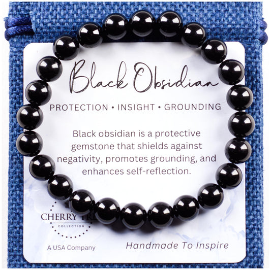Cherry Tree Collection - Handmade Crystal Beaded Stretch Bracelets For Women and Men - Small, Medium, Large Sizes - Healing Properties Card - 8mm Round Beads (Black Obsidian - Small)