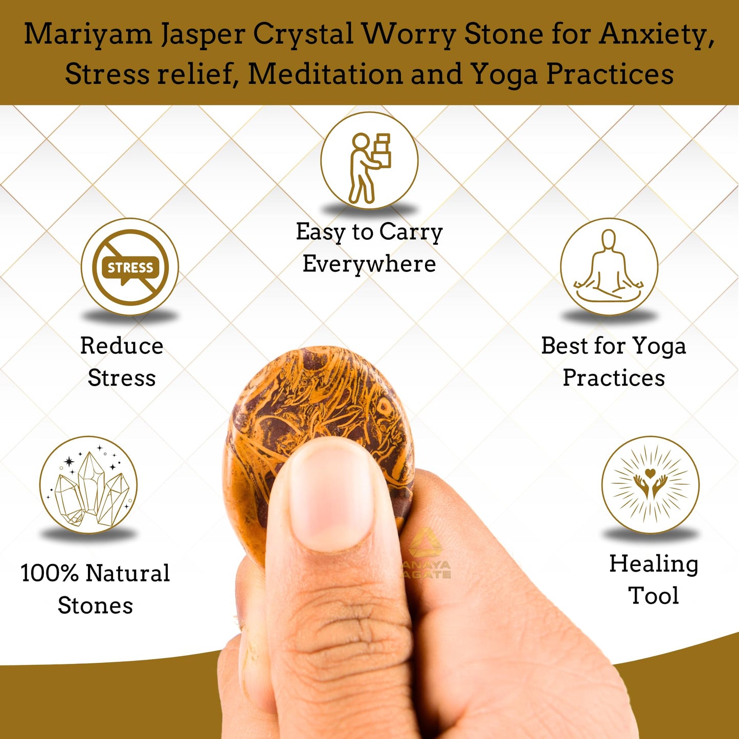 Anaya Agate Mariam Jasper Worry Stones Certified Crystal Thumb Worry Stone for Anguish, Relaxing and Soothing Balance Stones for Meditation, Stress Relief Crystals and Healing Stones for Men, Women
