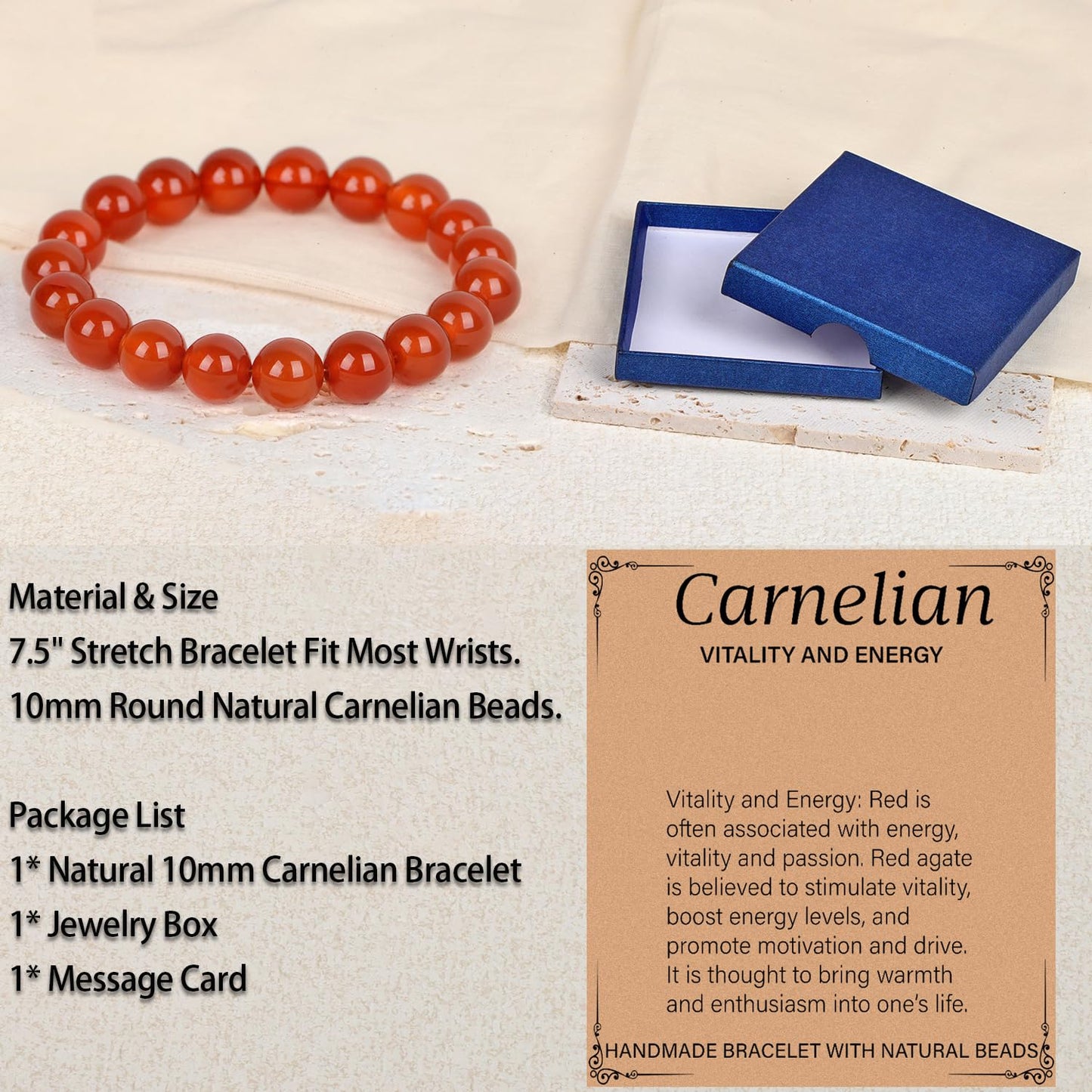 LPBeads Handmade Natural Gemstone Stretch Elastic 10mm Carnelian Bracelet Healing Crystal Round Stone Beads Jewelry Gifts for Women Men