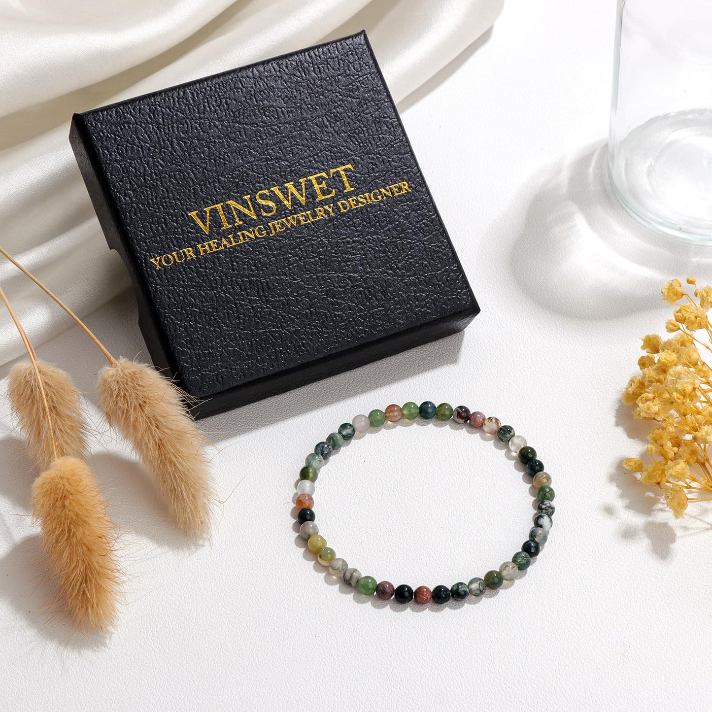 Vinswet Healing Crystal Bracelets for Women Men 4mm India Agate Natural Stone Beaded Stretch Bracelet Handmade Gemstone Reiki Spiritual Jewelry Gifts