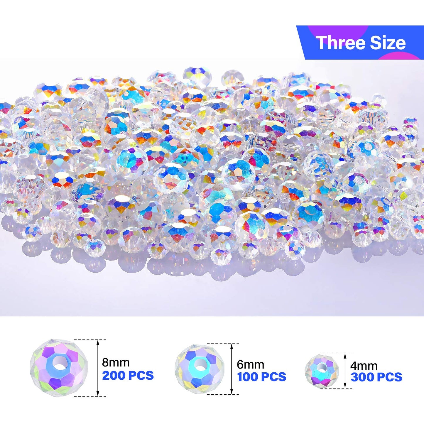 WILLBOND 600 Pcs Crystal Glass Beads for Jewelry Making Bulk Suncatcher Faceted Rondelle Loose Gemstone for Valentine's Day, Irish Holiday, Easter Bracelet DIY Crafts 8mm, 6mm, 4mm(AB Color)