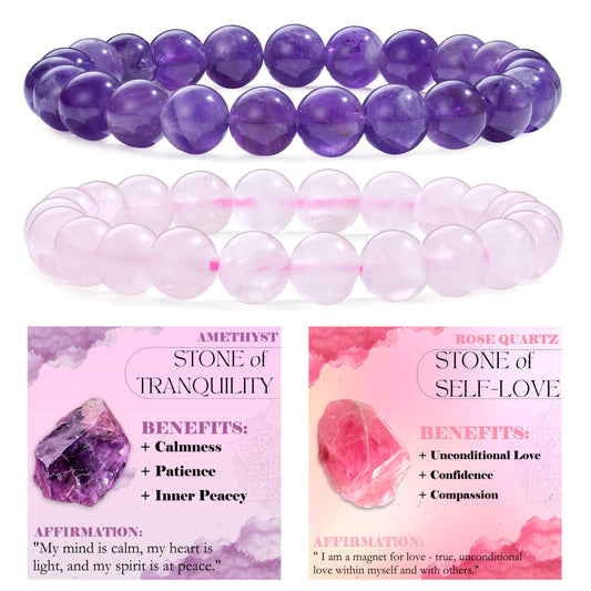 Bivei 2-Piece 8mm Beaded Bracelets for Women – Amethyst, Rose Quartz – Handmade Natural Crystal Stretch Elastic Jewelry for Meditation, Yoga, Protection Gifts