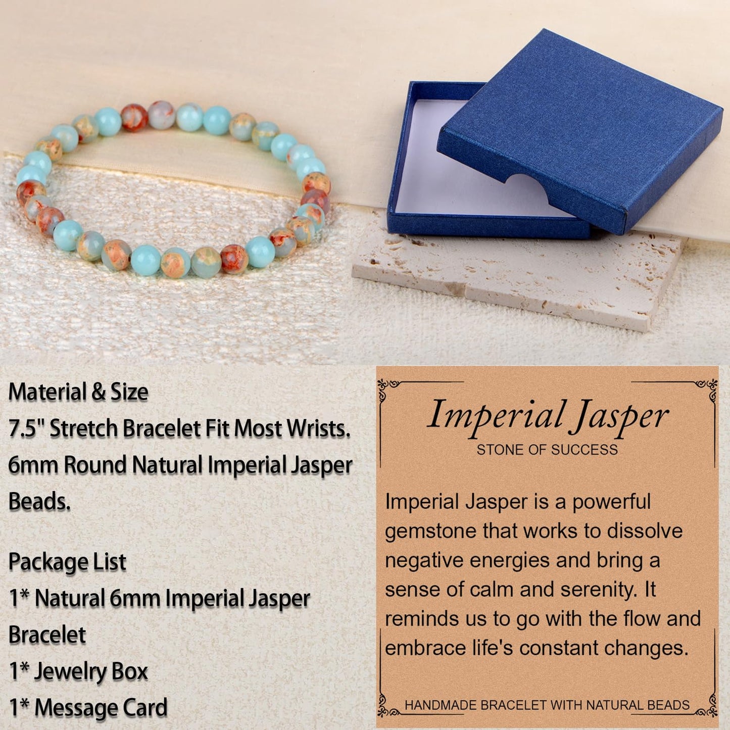 LPBeads Handmade Natural Gemstone Stretch Elastic 6mm Imperial Jasper Bracelet Healing Crystal Round Stone Beads Jewelry Gifts for Women Men