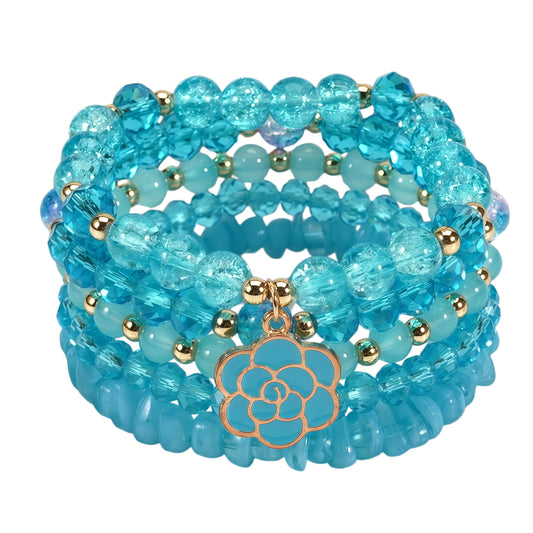 LOTSOF Boho Flower Beaded Bracelet Set for Women - Multilayer Crystal & Flower Charm Stackable Bracelets, Fashion Jewelry Gift for Her (Blue)