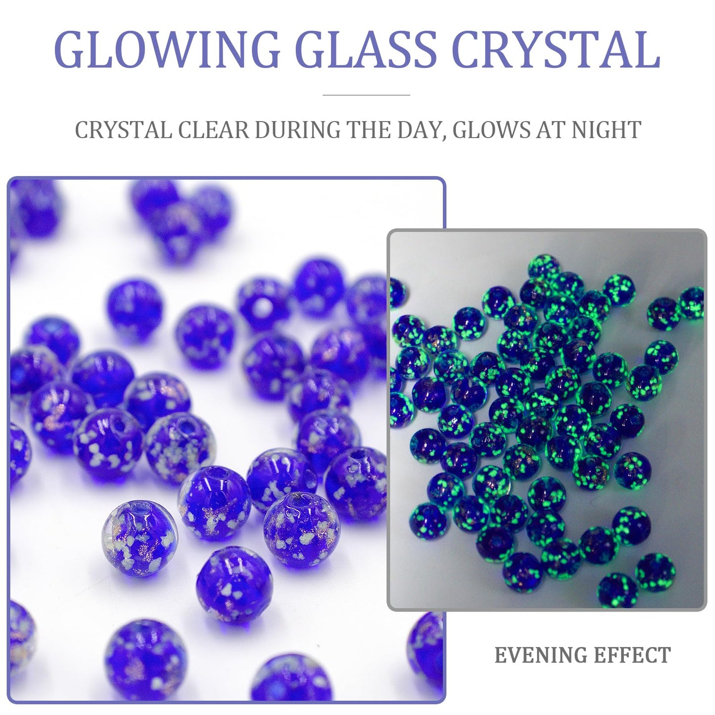 100PCS 8mm Glow in The Dark Beads Royal Blue Glow in The Dark Bead Glass Crystal Round Beads 1.5~2mm Hole with Rope for DIY Jewelry Craft Making