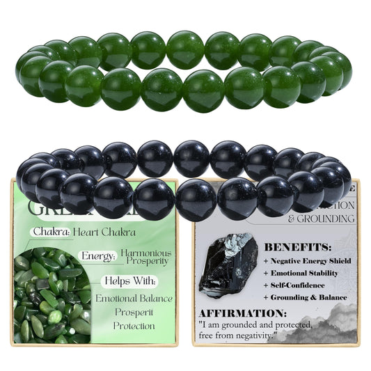 Bivei 2-Piece 8mm Beaded Bracelets for Women – Black Tourmaline, Green Jade – Natural Crystal Handmade Stretch Jewelry for Meditation, Protection & Gifts Yoga