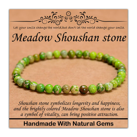 CHCCOYE 4mm Natural Healing Gemstone Bracelet Handmade Yoga Stretch Elastic Bracelet Stress Relief Crystal Jewelry for Men and Women (4mm,Meadow Shoushan stone)