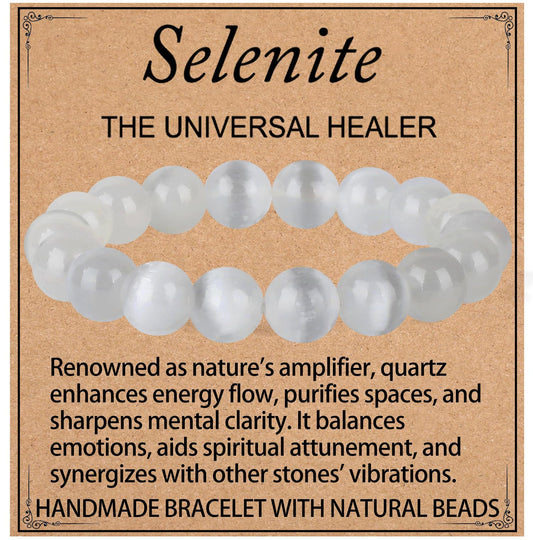 LPBeads Handmade Natural Gemstone Stretch Elastic 10mm White Selenite Bracelet Healing Crystal Round Stone Beads Jewelry Gifts for Women Men