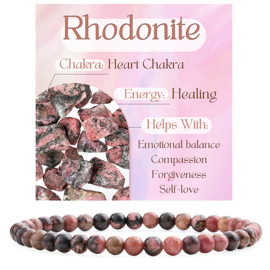 Bivei Rhodonite - Healing - 4mm Beaded Bracelets for Women Handmade Semi Precious Natural Stone Stretch Elastic Jewelry Yoga Protection Gifts Small