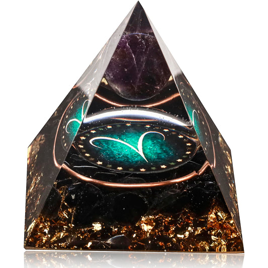 Yogmudra 12 Zodiac Orgone Crystal Pyramid, Natural Amethyst with Obsidian,Healing Crystals Pyramid for Protection Chakra, Unique Constellation Pyramid for Positive Energy, Healing Money Health(Aries)
