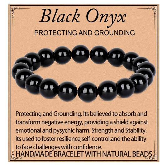 LPBeads Handmade Natural Gemstone Stretch Elastic 10mm Black Onyx Bracelet Healing Crystal Round Stone Beads Jewelry Gifts for Women Men