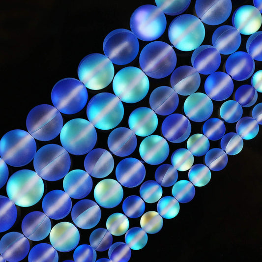 Matte Blue Aurora Crystal Glass Beads, 6MM Frosted Glitter Shining Mermaid Round Loose Beads, Rainbow Holographic Synthetic Moonstone for Jewelry Making DIY Bracelet