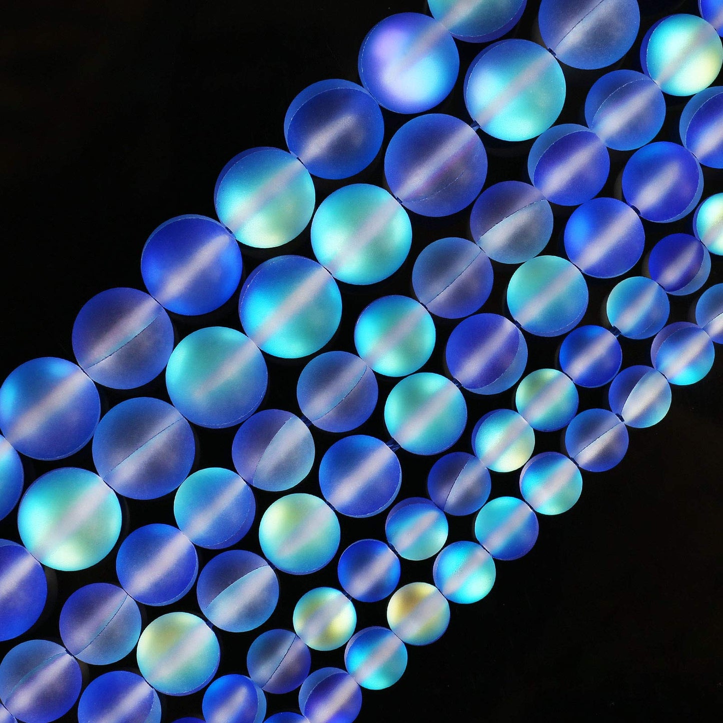 Matte Blue Aurora Crystal Glass Beads, 8MM Frosted Glitter Shining Mermaid Round Loose Beads, Rainbow Holographic Synthetic Moonstone for Jewelry Making DIY Bracelet