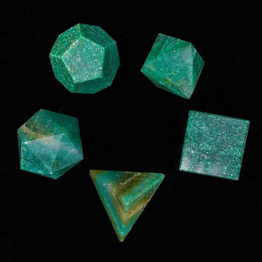 Crocon Green Mica 5Pcs Platonic Solids Crystal Geometry Set, Platonic Solids Sacred Geometric Stones for Meditation Reiki Balancing Healing Chakra Stone Cleansing Spiritual Good Luck (1520 mm)