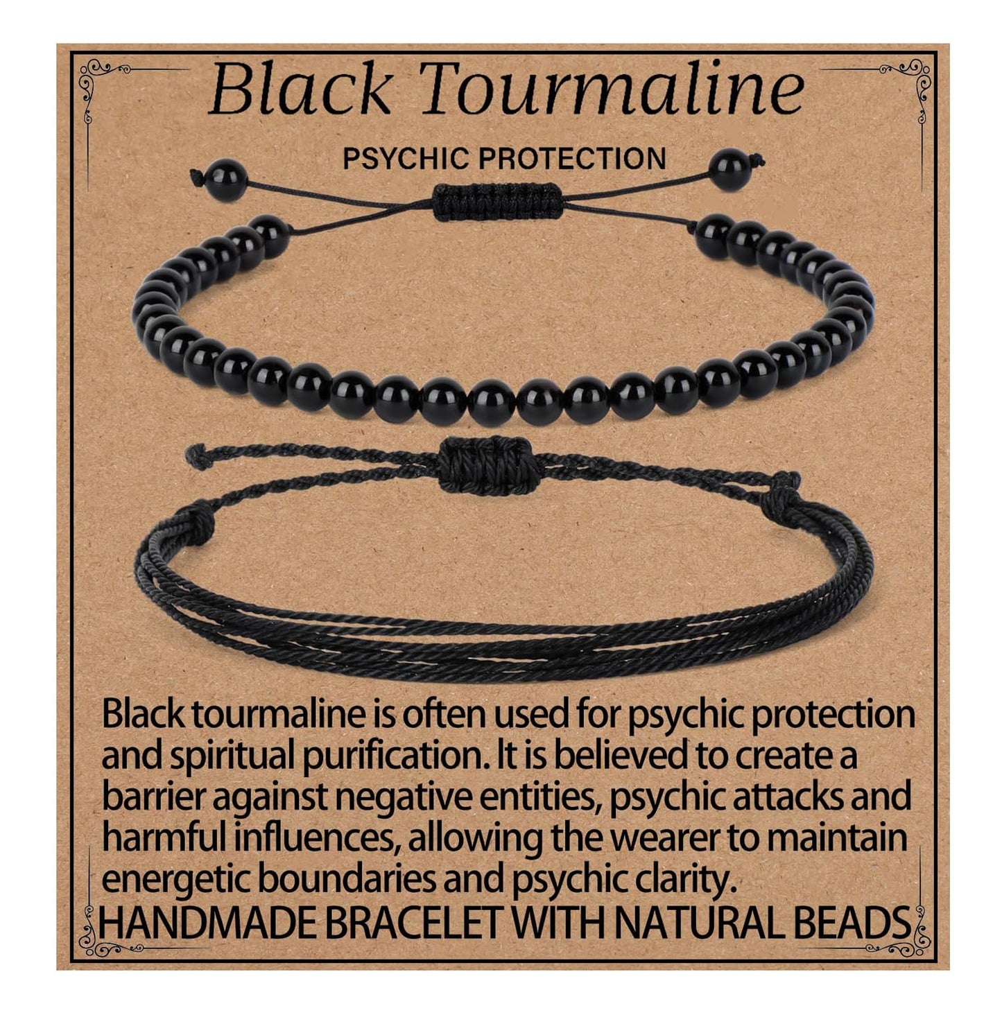 LPBeads 4mm Black Tourmaline Bracelet with Handmade Rope Bracelet Size Adjustable Natural Stone Crystal Healing Bracelets Gifts for Unisex Adults