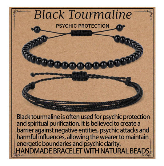 LPBeads 4mm Black Tourmaline Bracelet with Handmade Rope Bracelet Size Adjustable Natural Stone Crystal Healing Bracelets Gifts for Unisex Adults