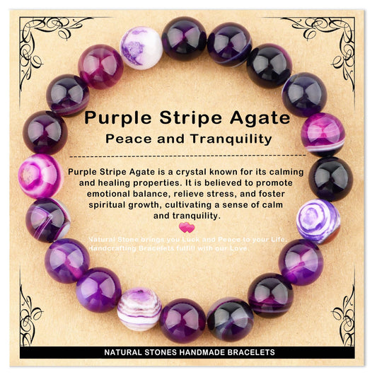 AD Beads 10mm Handmade Purple Stripe Agate Elastic Bracelet – Natural Gemstone for Peace and Tranquility – Meditation, Yoga, Healing and Energy Gift for Men Women