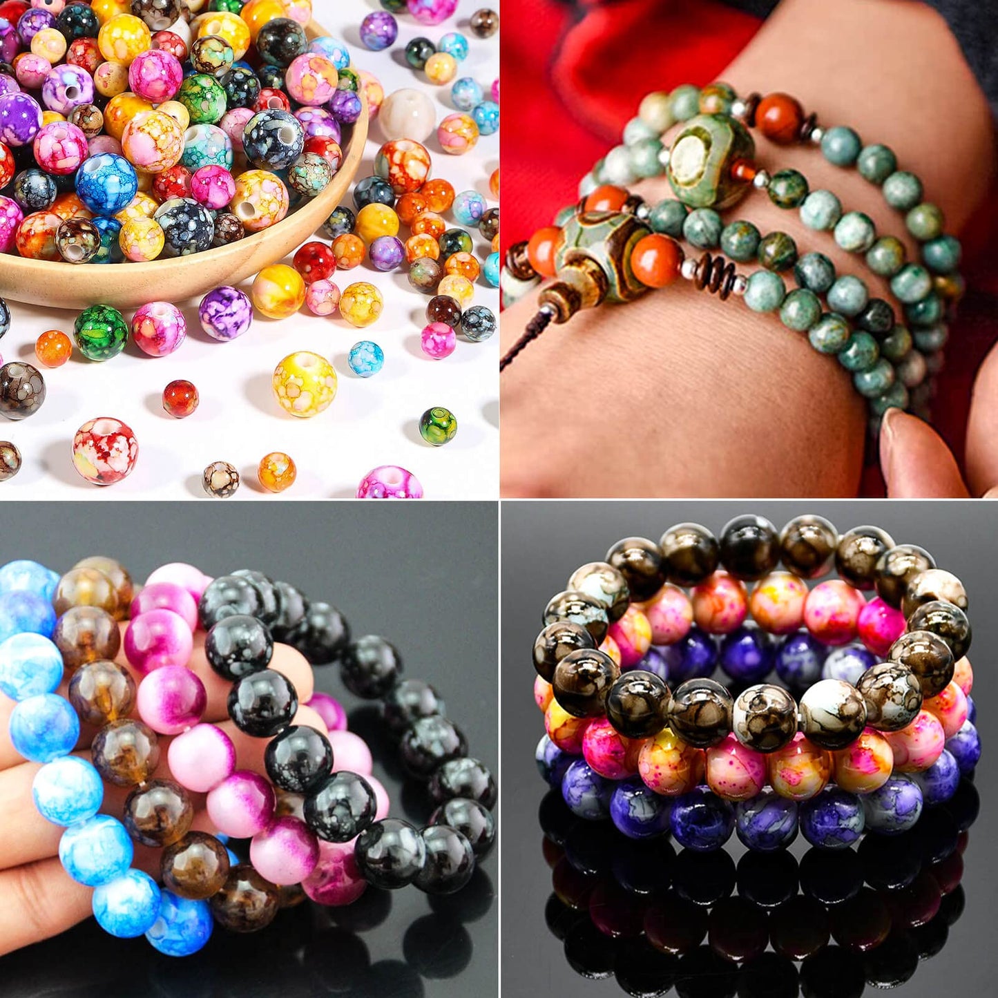 Glass Beads for Jewelry Making, 600pcs 8mm Glass Crystal Pattern Beads 24 Colors Snowflake Marble Gemstone Beads Imitation Jade Craft Charms for DIY Earrings Necklace Bracelet (Snowflake Crystal Bead)