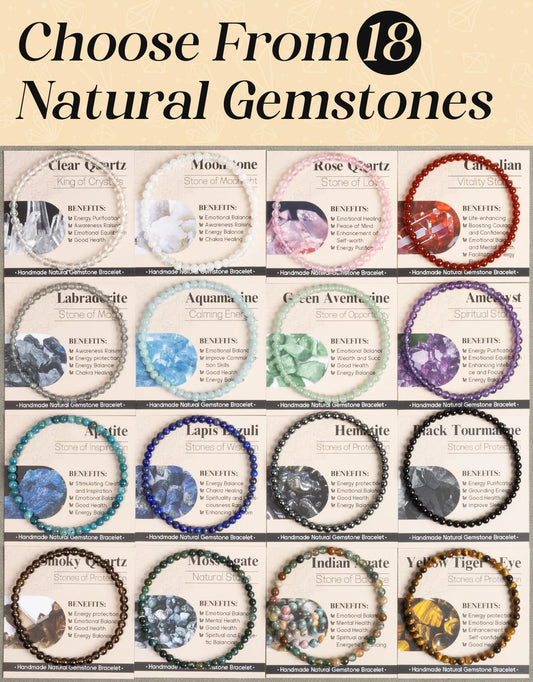 Landorilo Beaded Bracelet for Men Women, 4mm Natural Stone Amethyst Healing Crystal Stretch Bracelets, Ideal Christmas Birthday Jewelry Gifts with Energy Card，Replacement Beads Included
