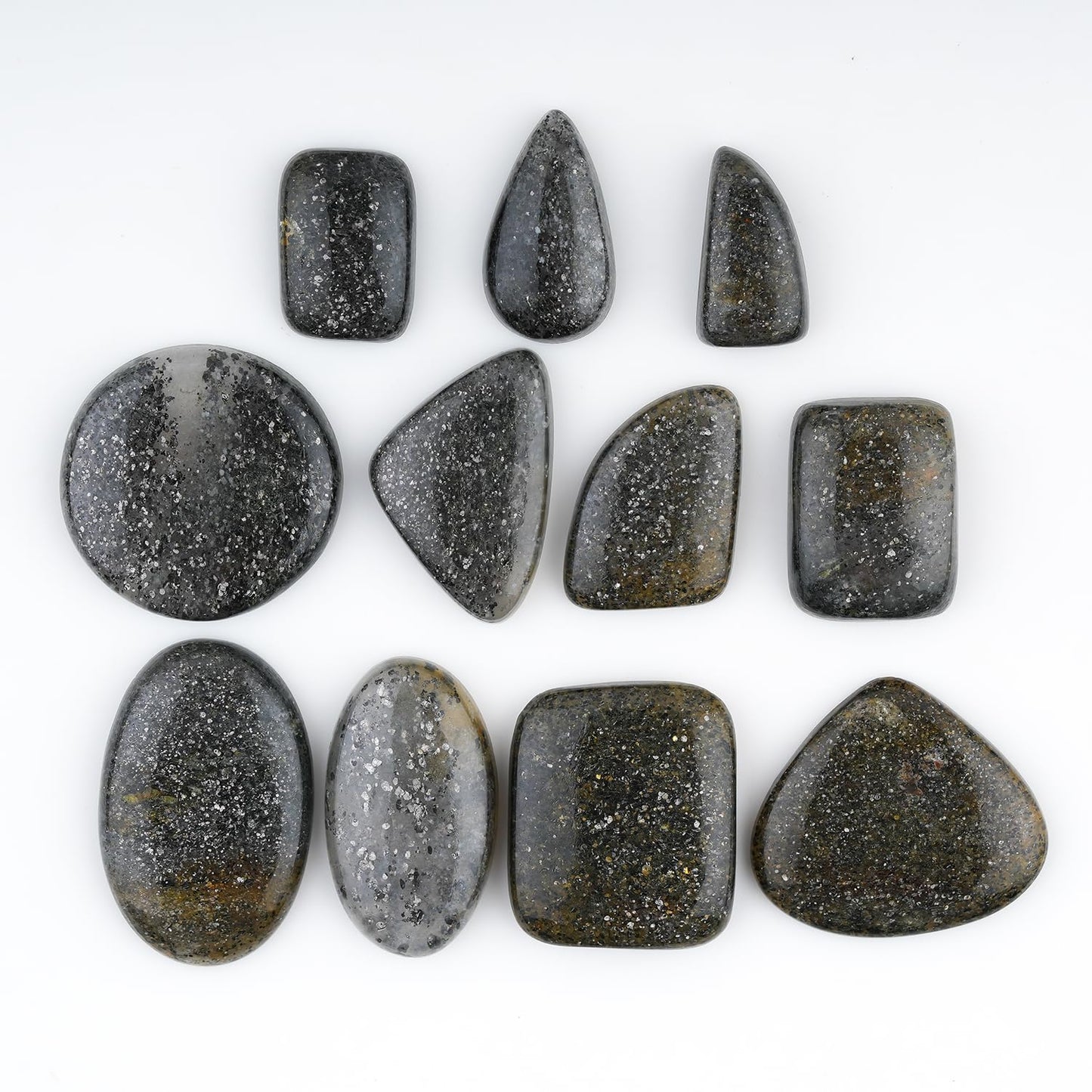 GemSymphony Natural Black Sunstone Gemstone Cabochon Pack of 3 Mixed Shapes – Polished Crystal Stones for Jewelry Making Supply, Healing, Reiki & DIY Crafts, Natural Gem Cab Set for Wire Wrapping (10-20 mm)