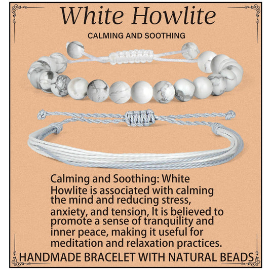 LPBeads 8mm White Howlite Bracelet with Handmade Rope Bracelet Size Adjustable Natural Stone Crystal Healing Bracelets Gifts for Unisex Adults
