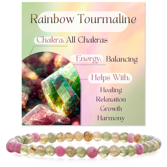Bivei Rainbow Tournaline - Balancing - 4mm Beaded Bracelets for Women Handmade Semi Precious Natural Stone Stretch Elastic Jewelry Yoga Protection Gifts