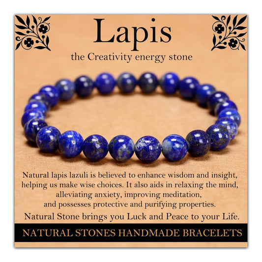 Handmade Natural Gemstone Elastic Bracelet - Healing Crystal Beads Jewelry, Unisex (Lapis Lazuli, 8mm)