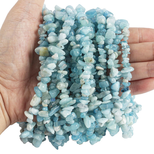 favoramulet 5-8mm Aquamarine Tumbled Stone Chip Beads for Jewelry Making, Irregular Shaped Healing Crystal Loose Bead Supply, Pack of 2 Strands(64 inches)