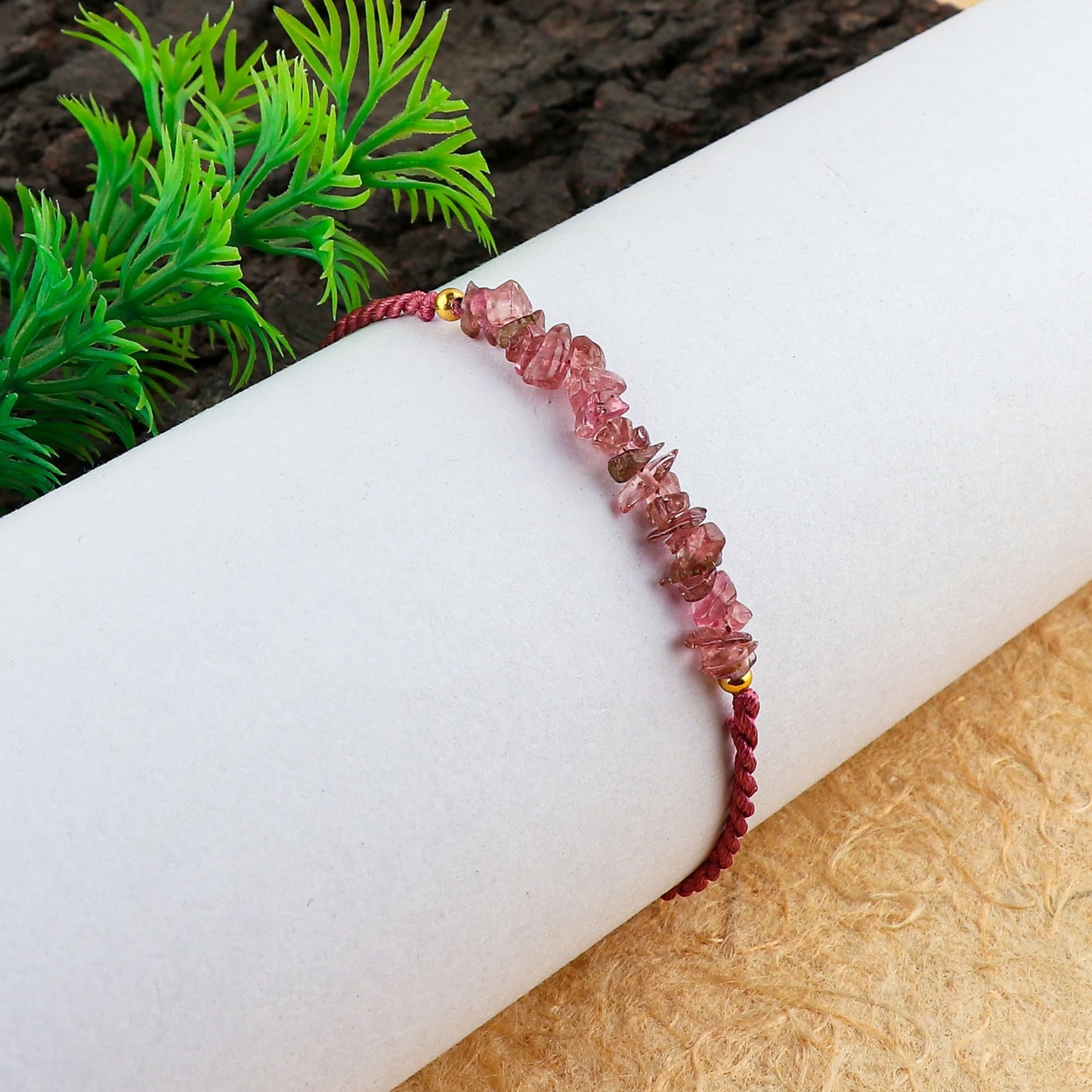 TGH Natural Pink Tourmaline Chips Braided Bracelet Spritual Healing Unisex Bracelet December Birthstone Hand Braided Gemstone Jewelry 7 inch Adjustable Christmas Gift (Pink Tourmaline)