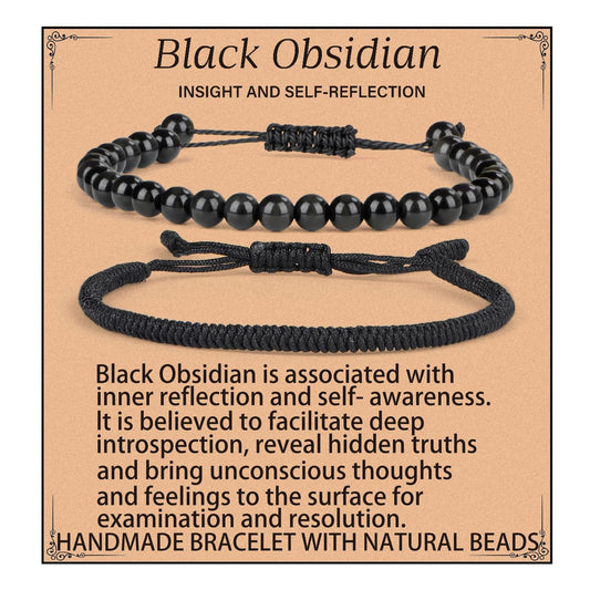 LPBeads 6mm Black Obsidian Bracelet with Handmade Rope Bracelet Size Adjustable Natural Stone Crystal Healing Bracelets Gifts for Unisex Adults