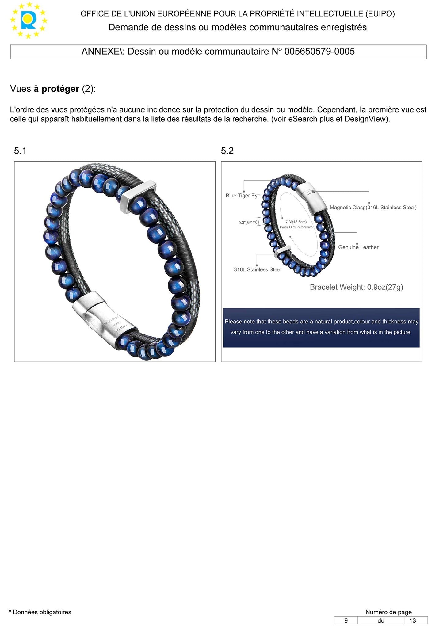 murtoo Mens Bead Leather Bracelet, Blue and Brown Bead and Leather Bracelet for Men (Blue-silver)