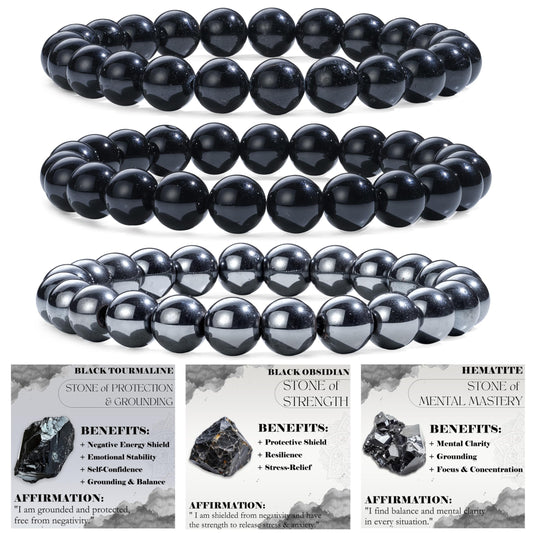 Bivei 3-Piece 8mm Beaded Bracelets for Women – Black Tourmaline, Black Obsidian, Hematite – Handmade Natural Crystal Stretch Elastic Jewelry for Meditation, Yoga, Protection Gifts