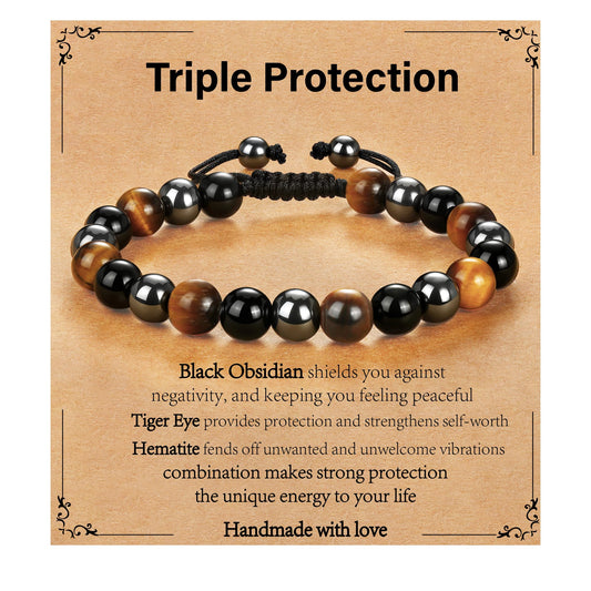 Gnamy Triple Protection Beaded Bracelet Gifts for Men, Adjustable Tiger Eye Black Obsidian Hematite Bracelets Christmas Birthday Valentines Anniversary Healing Sobriety Jewelry Gifts for Husband Dad Boyfriend Brother Him