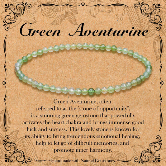 BONNY BOXX Natural Genuine Gemstone Faceted Round Beads Bracelets, 3mm Adjustable Stretchy Tiny Faceted Green Aventurine Bracelet, Healing Crystal Reiki Chakra Dainty Jewelry Fashion Gifts