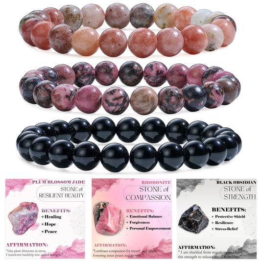 Bivei 3-Piece 8mm Beaded Bracelets for Women – Plum Blossom Jade, Rhodonite, Black Obsidian – Handmade Natural Crystal Stretch Elastic Jewelry for Meditation, Yoga, Protection Gifts