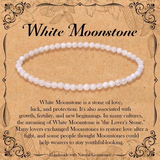 BONNY BOXX Natural Genuine Gemstone Faceted Round Beads Bracelets, 3mm Adjustable Stretchy Tiny Faceted White Moonstone Bracelet, Healing Crystal Reiki Chakra Dainty Jewelry Fashion Gifts