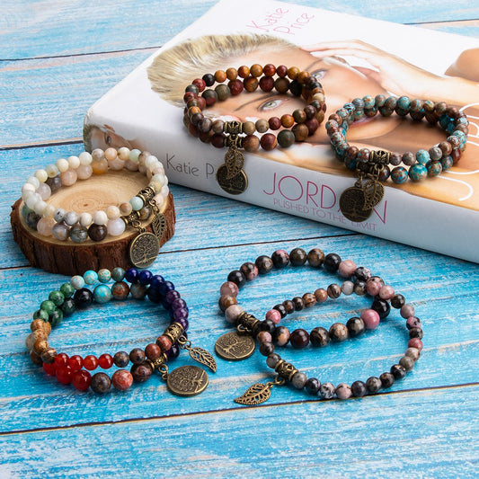 Bivei Beaded Bracelets Tree of Life and Leaf Charm Yoga Meditatoin Healing Crystal Chakras Bracelets Natural Semi Precious Gemstone Beads Stretch Bracelet for Women Anxiety Energy Relief(7 Chakra)