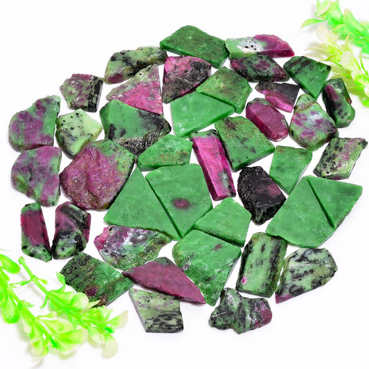 Natural Ruby Zoisite Raw Slice Gemstone- Healing Crystals for DIY Jewelry Making -Loose Natural Cabochon -Perfect for Crafting Unique Jewelry Designs (5 pcs, 25-35 mm)