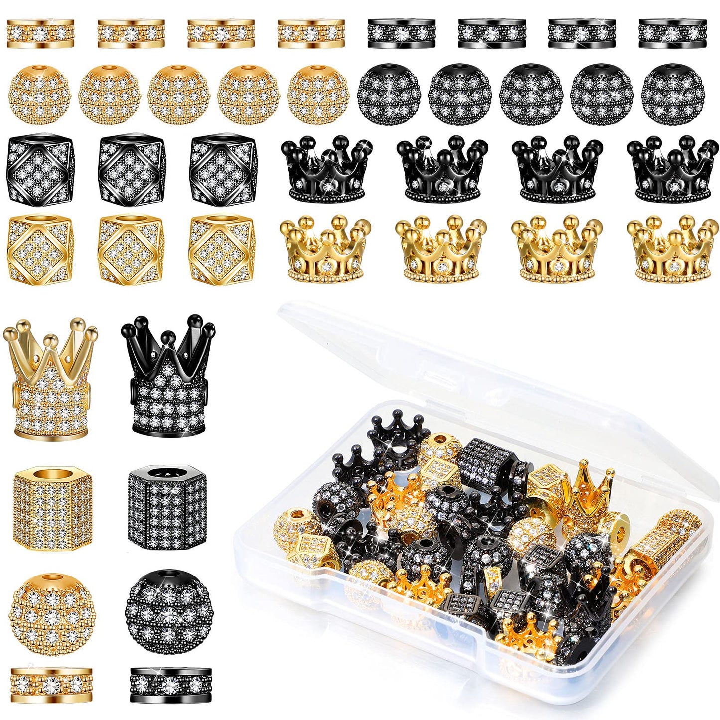 40 Pieces King Crown Charms 8mm Round Rhinestone Beads Hexagon Big Hole Spacer Beads Bracelet Connector for DIY Xmas Jewelry Crafts Making (Black and Gold)