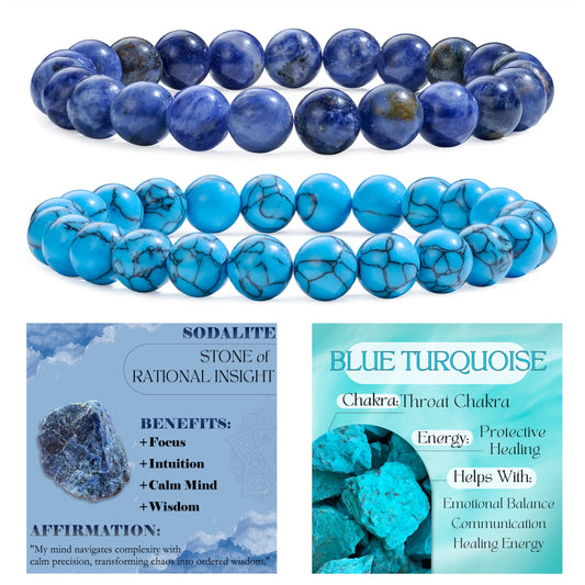 Bivei 2-Piece 8mm Beaded Bracelets for Women – Sodalite, Blue Turquoise – Handmade Natural Crystal Stretch Elastic Jewelry for Meditation, Yoga, Protection Gifts