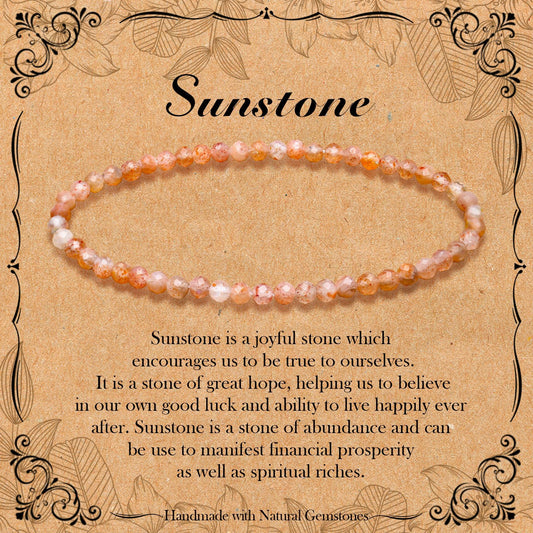 BONNY BOXX Natural Genuine Gemstone Faceted Round Beads Bracelets, 3mm Adjustable Stretchy Tiny Faceted Sunstone Bracelet, Healing Crystal Reiki Chakra Dainty Jewelry Fashion Gifts